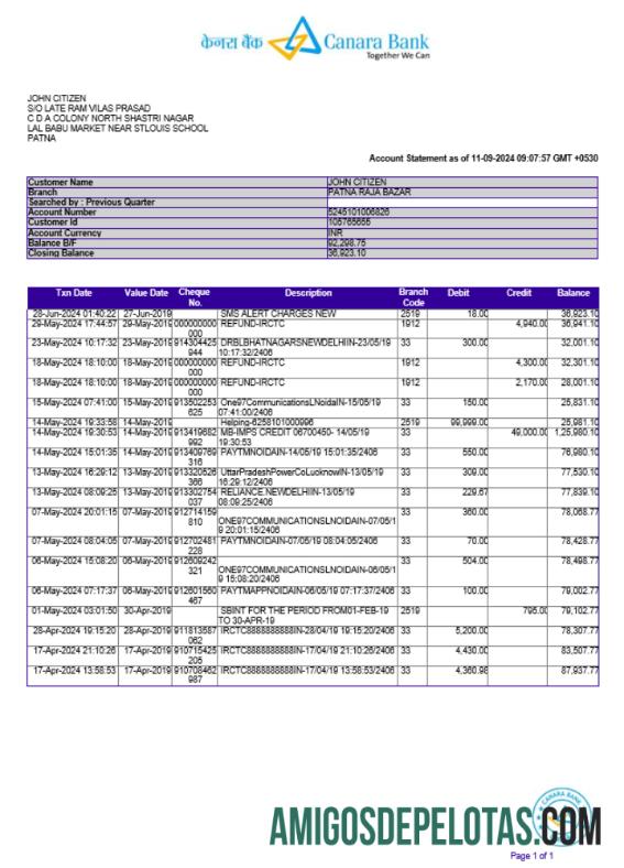 Modelo realista de extrato bancário INDIA CANARA, formato Word e PDF, versão 2